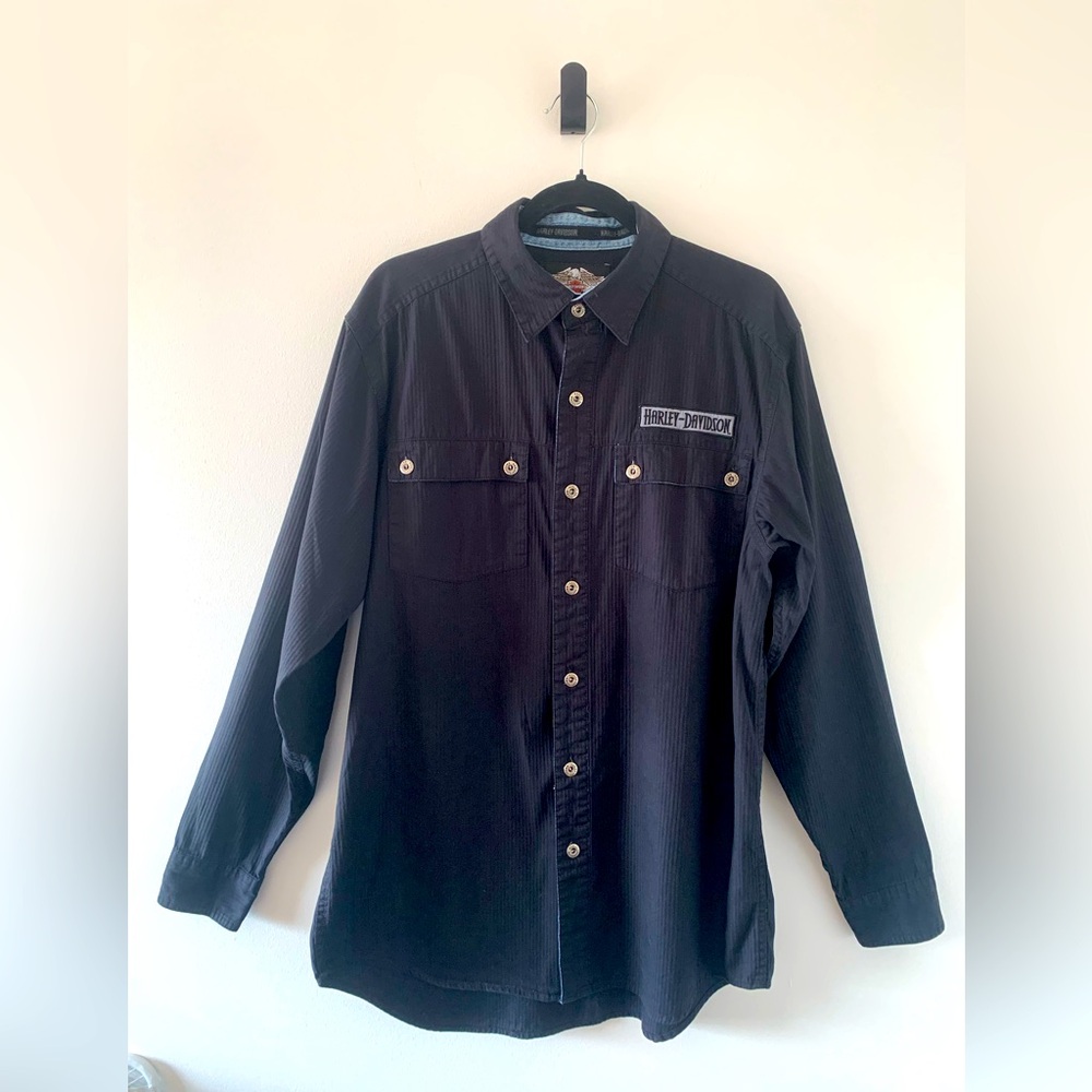 Harley-Davidson Biker Black Cotton Button Down Long Sleeved Embroidered S Tall M